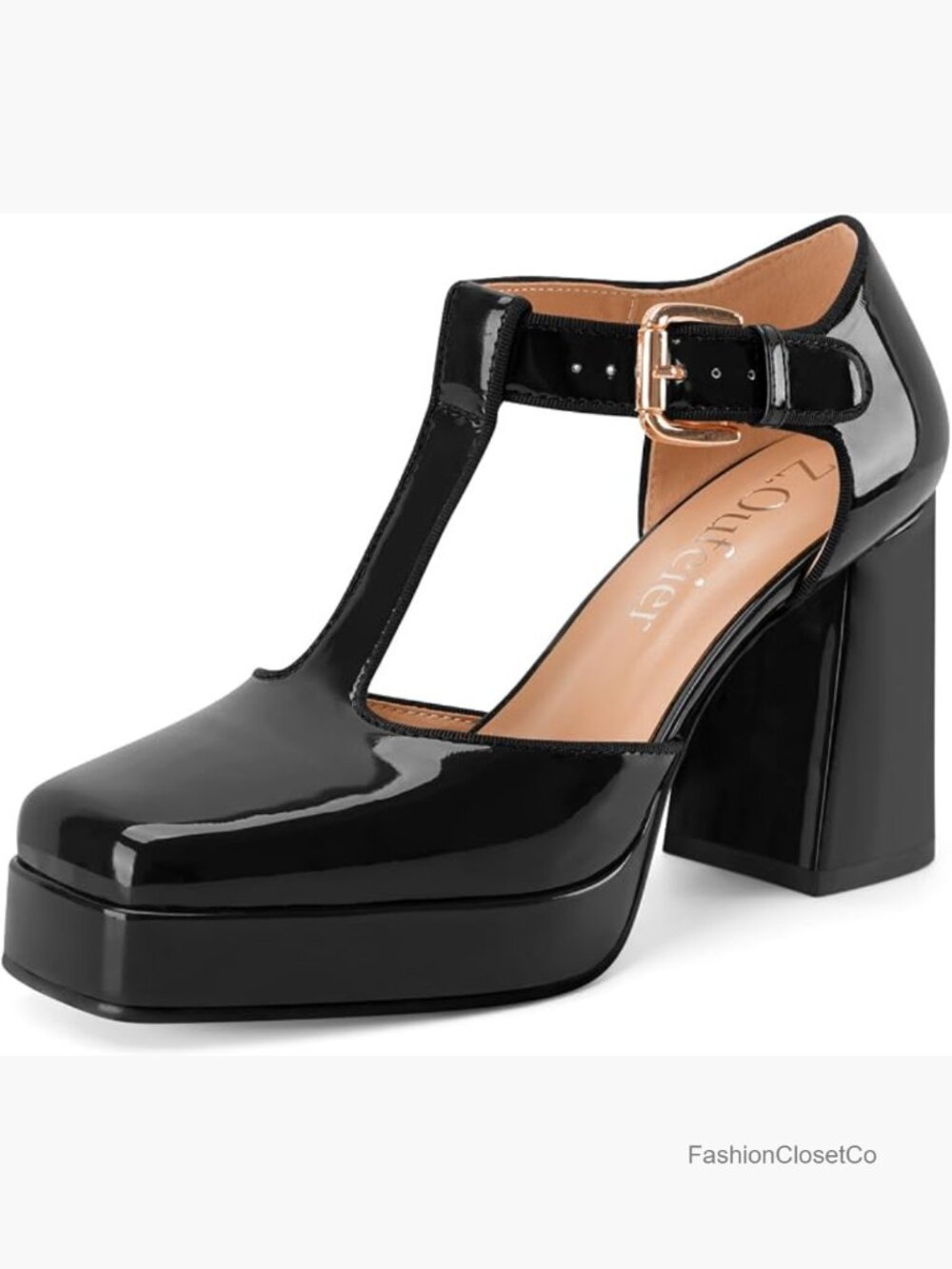 T-Strap Platform Heels Chunky Block High Heel Closed Square Toe Ankle Strap
